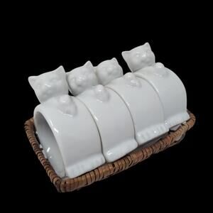 VTG Cat Napkin Rings White Set Of 4 Porcelain Ceramic With Basket Holidays‎
